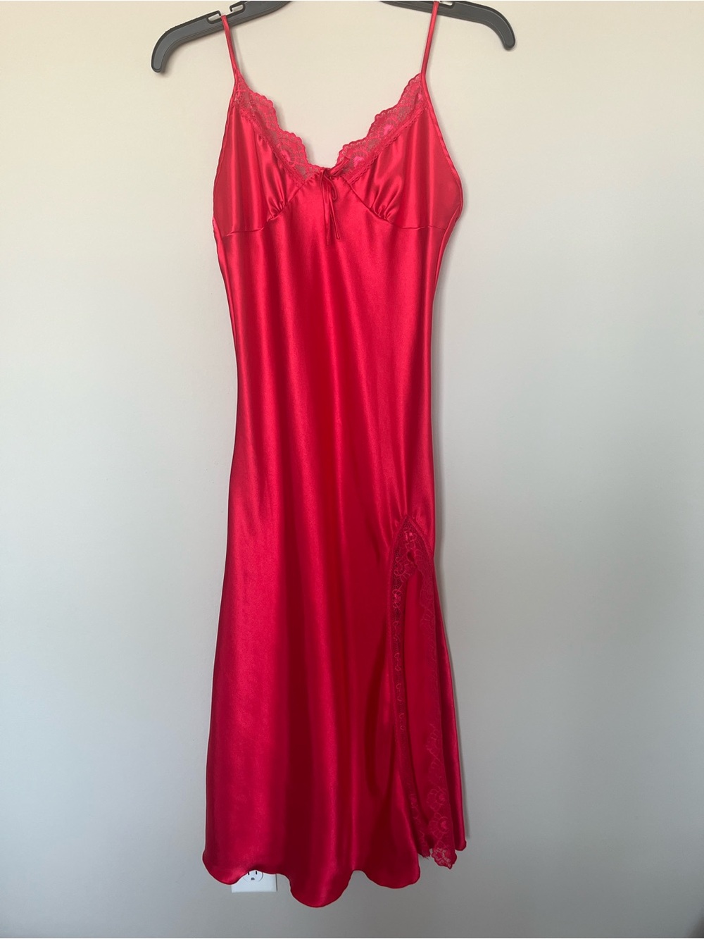 Red Satin Lace Trim Slip Dress